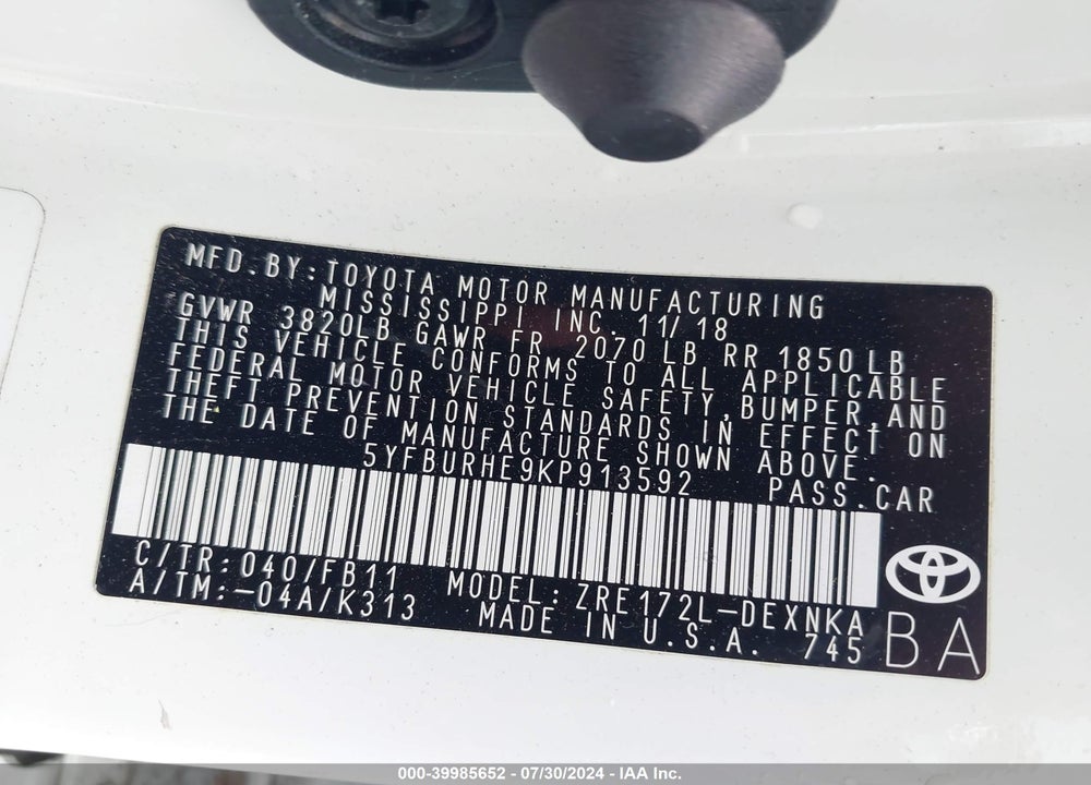 2019 TOYOTA COROLLA LE VIN: 5YFBURHE9KP913592