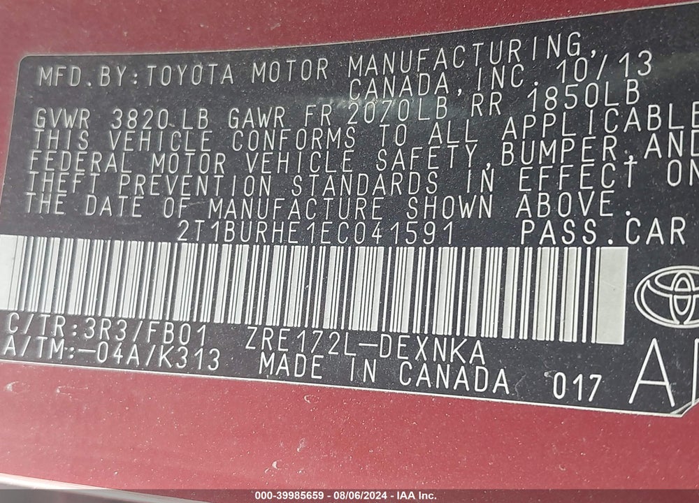2014 TOYOTA COROLLA LE VIN: 2T1BURHE1EC041591