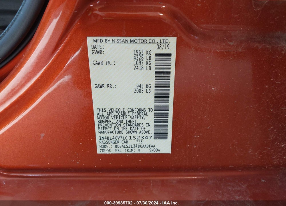 2020 NISSAN ALTIMA SR FWD VIN: 1N4BL4CV7LC152347