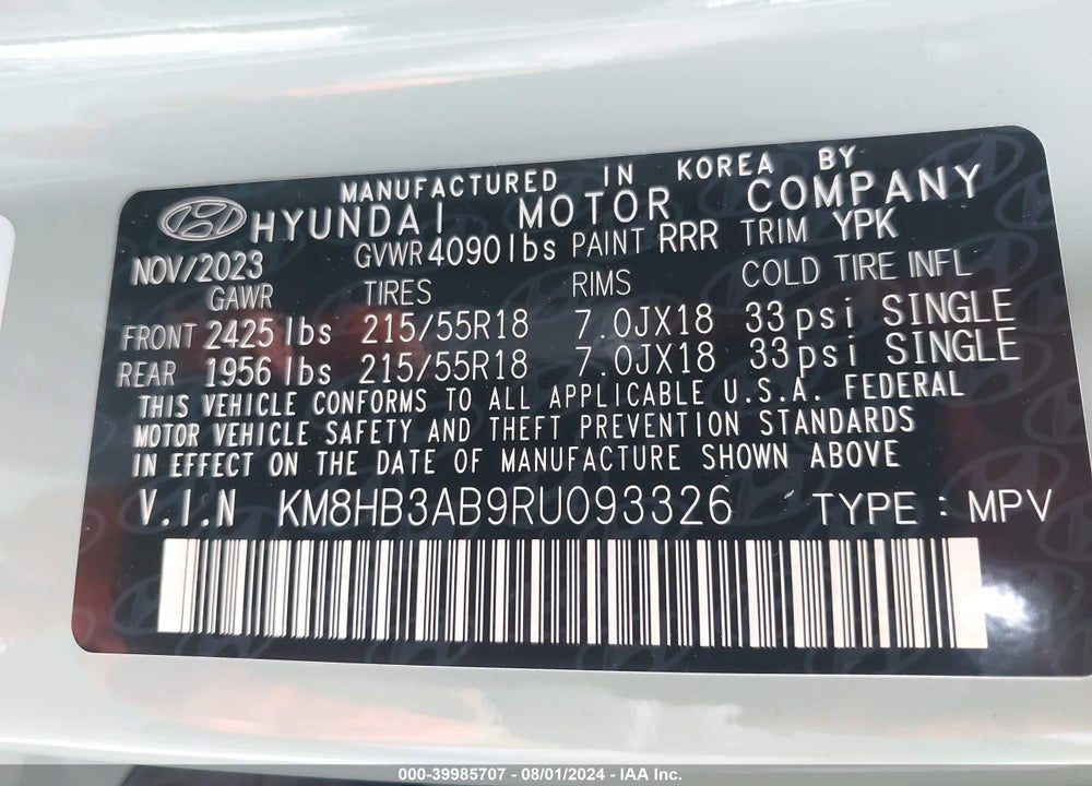 2024 HYUNDAI KONA SEL VIN: KM8HB3AB9RU093326