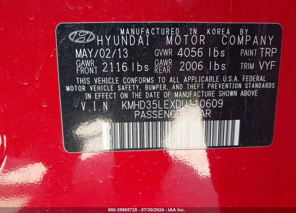 2013 HYUNDAI ELANTRA GT VIN: KMHD35LEXDU110609