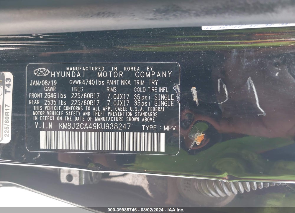 2019 HYUNDAI TUCSON SE VIN: KM8J2CA49KU938247