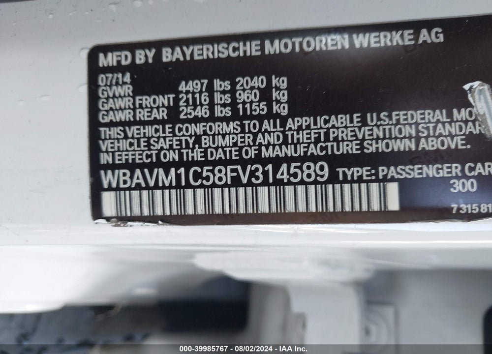 2015 BMW X1 SDRIVE28I VIN: WBAVM1C58FV314589
