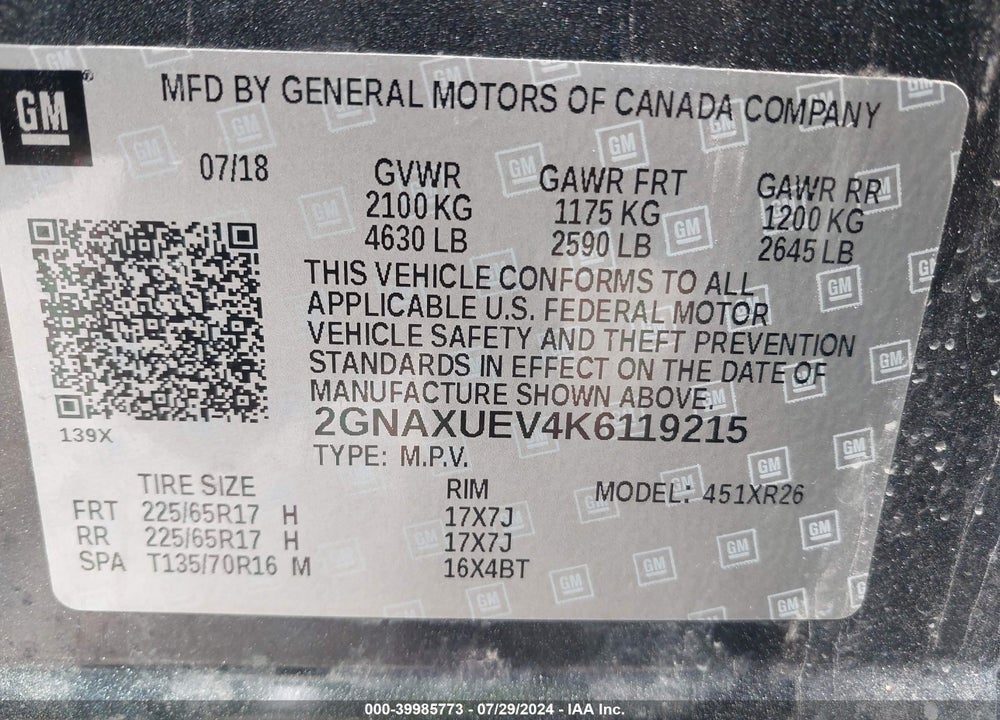 2019 CHEVROLET EQUINOX LT VIN: 2GNAXUEV4K6119215