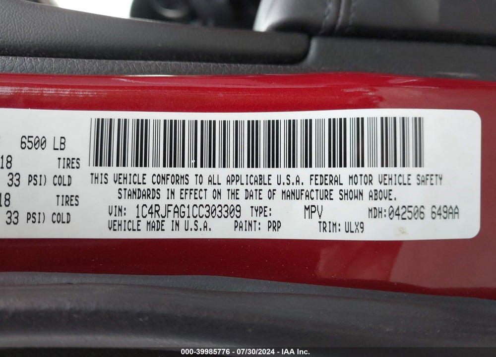 2012 JEEP GRAND CHEROKEE LAREDO VIN: 1C4RJFAG1CC303309