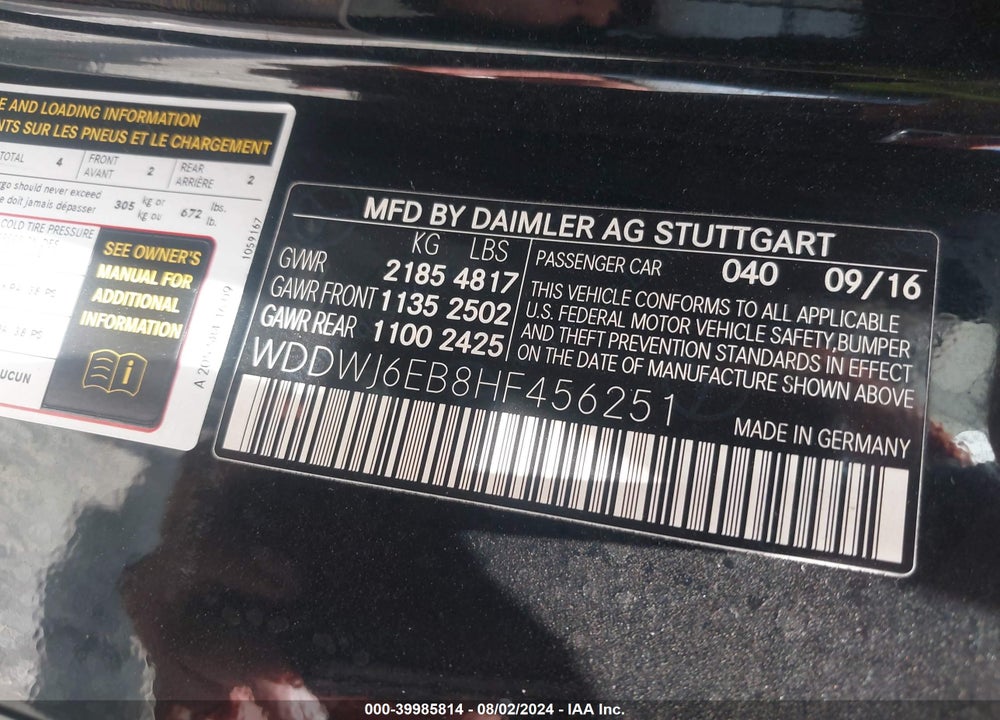 2017 MERCEDES-BENZ AMG C 43 4MATIC VIN: WDDWJ6EB8HF456251