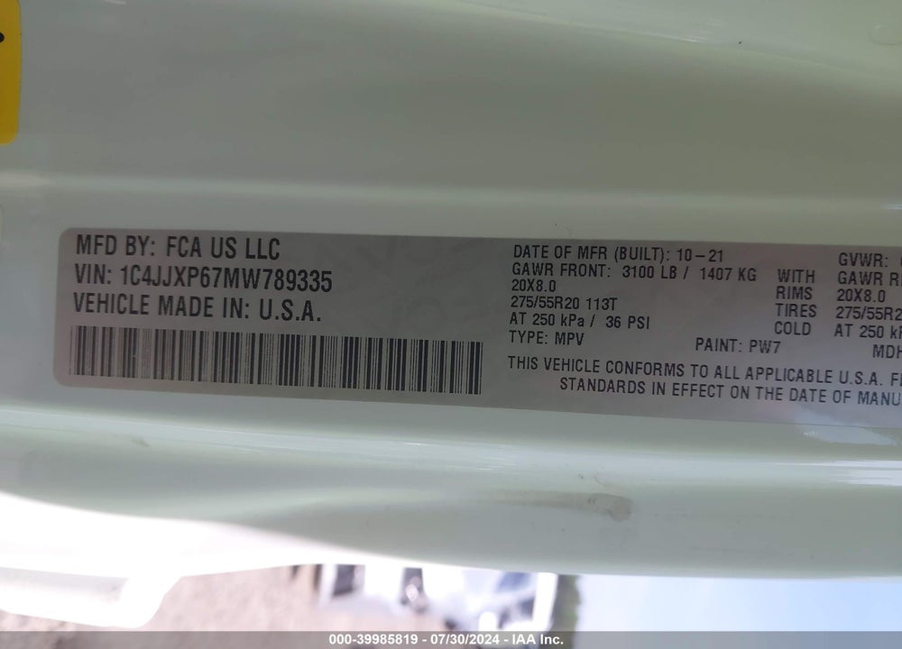 2021 JEEP WRANGLER 4XE UNLIMITED HIGH ALTITUDE 4X4 VIN: 1C4JJXP67MW789335