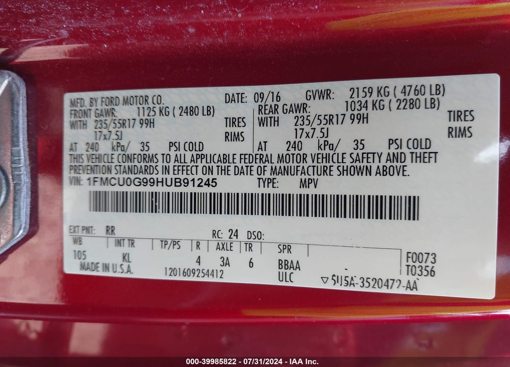 2017 FORD ESCAPE SE VIN: 1FMCU0G99HUB91245