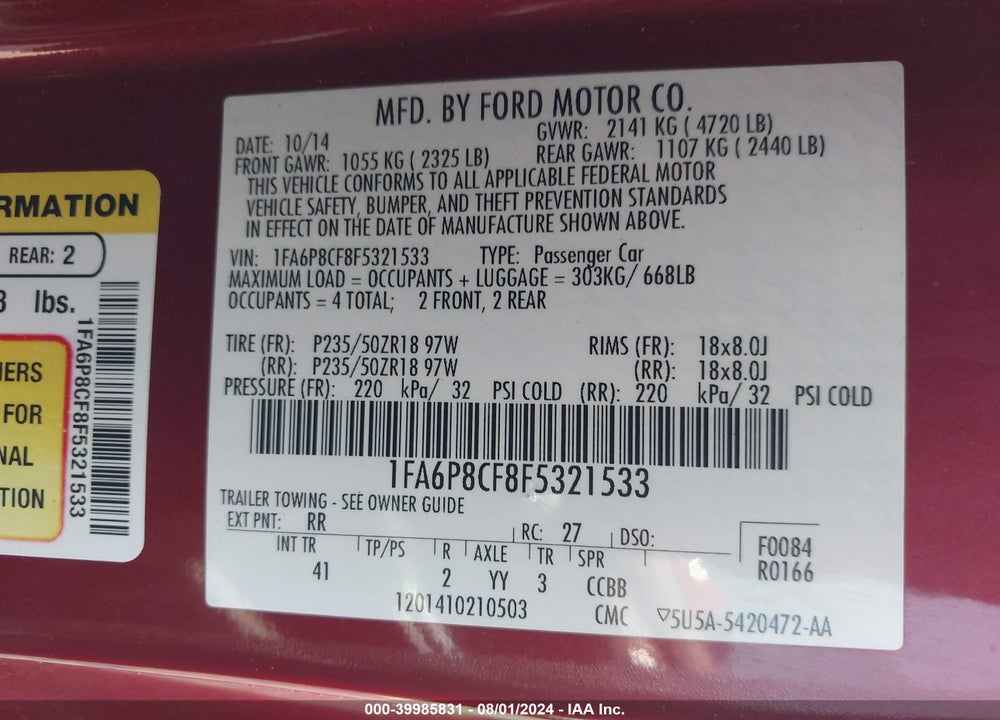 2015 FORD MUSTANG GT PREMIUM VIN: 1FA6P8CF8F5321533