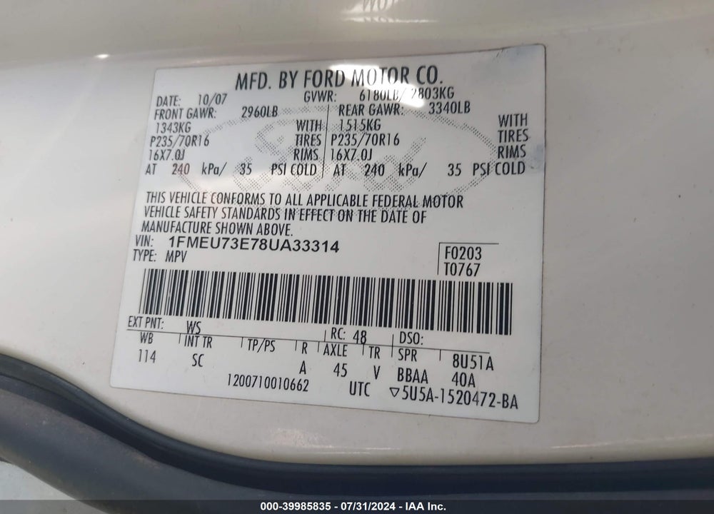 2008 FORD EXPLORER VIN: 1FMEU73E78UA33314