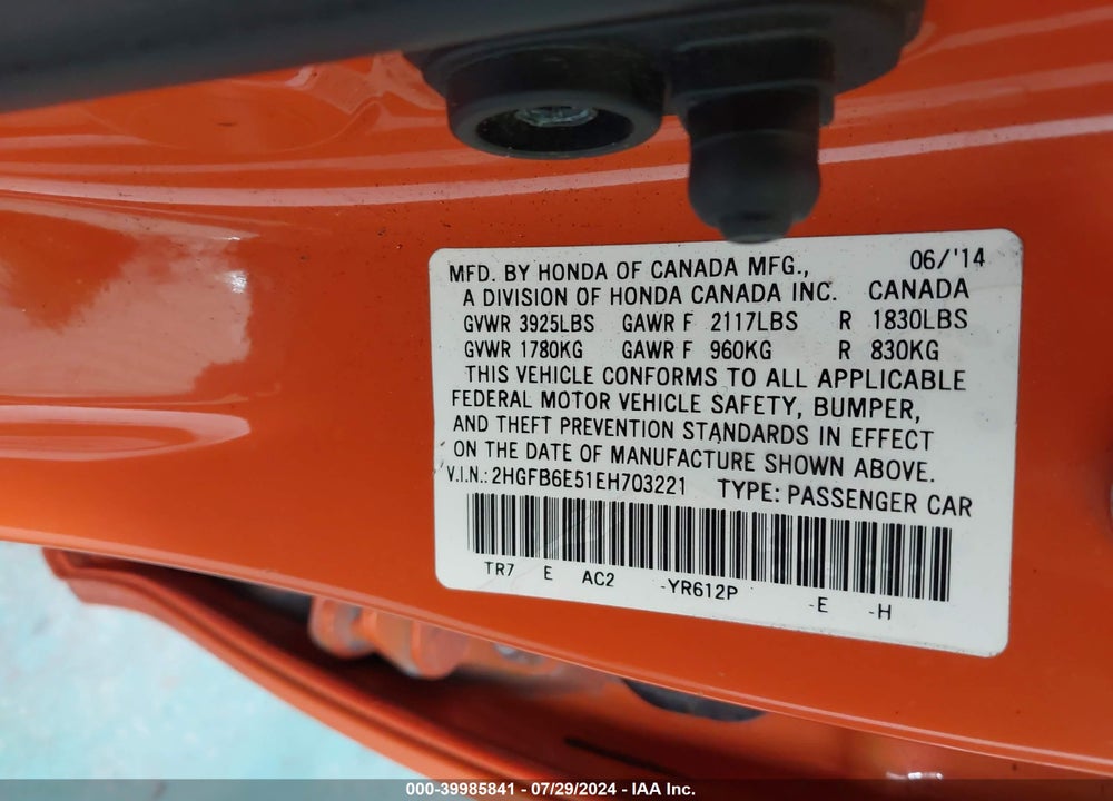 2014 HONDA CIVIC SI VIN: 2HGFB6E51EH703221