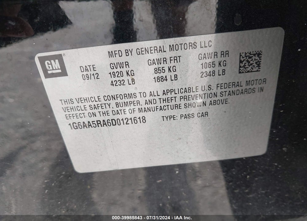 2013 CADILLAC ATS STANDARD VIN: 1G6AA5RA6D0121618