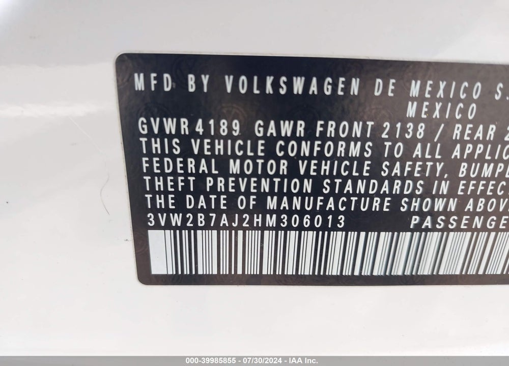 2017 VOLKSWAGEN JETTA 1.4T S VIN: 3VW2B7AJ2HM306013