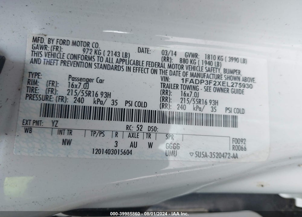 2014 FORD FOCUS SE VIN: 1FADP3F2XEL275930