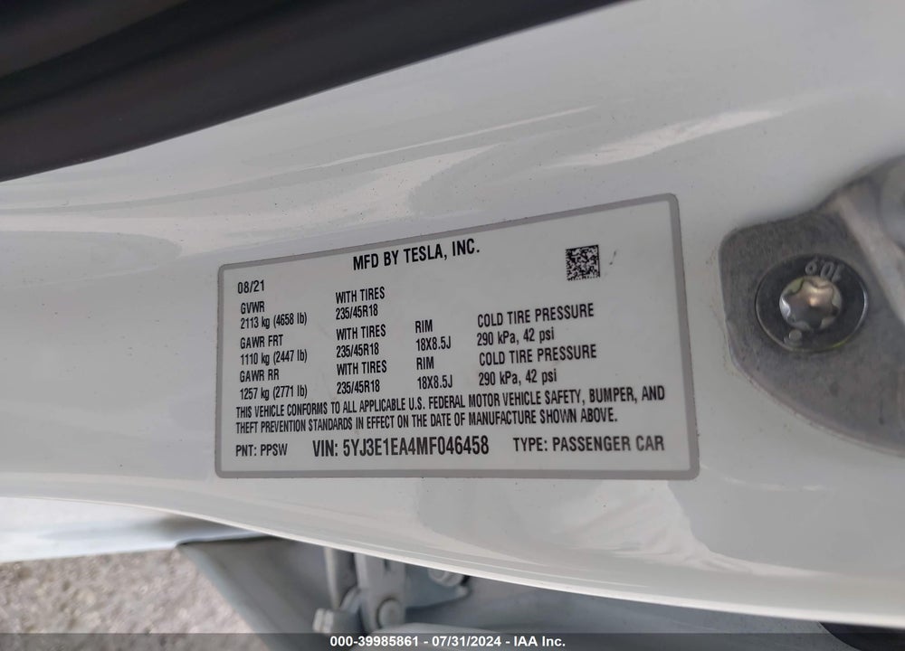 2021 TESLA MODEL 3 STANDARD RANGE PLUS REAR-WHEEL DRIVE VIN: 5YJ3E1EA4MF046458