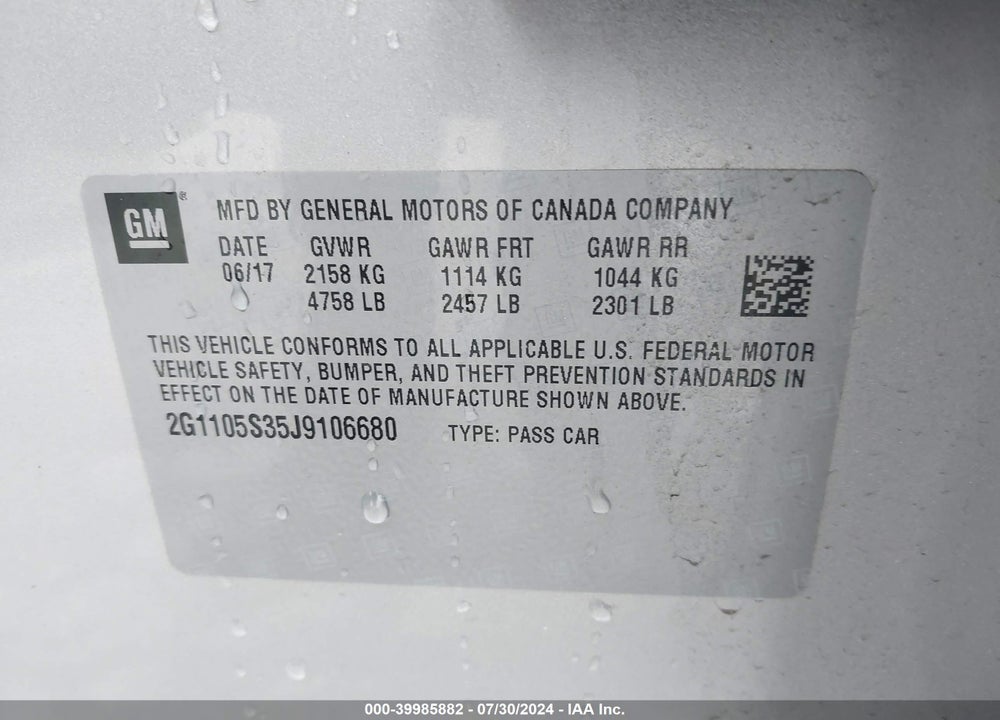 2018 CHEVROLET IMPALA 1LT VIN: 2G1105S35J9106680