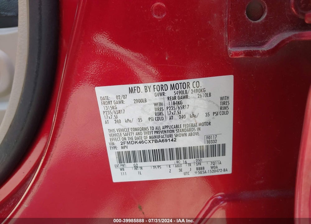 2007 FORD EDGE SE VIN: 2FMDK46CX7BA69142