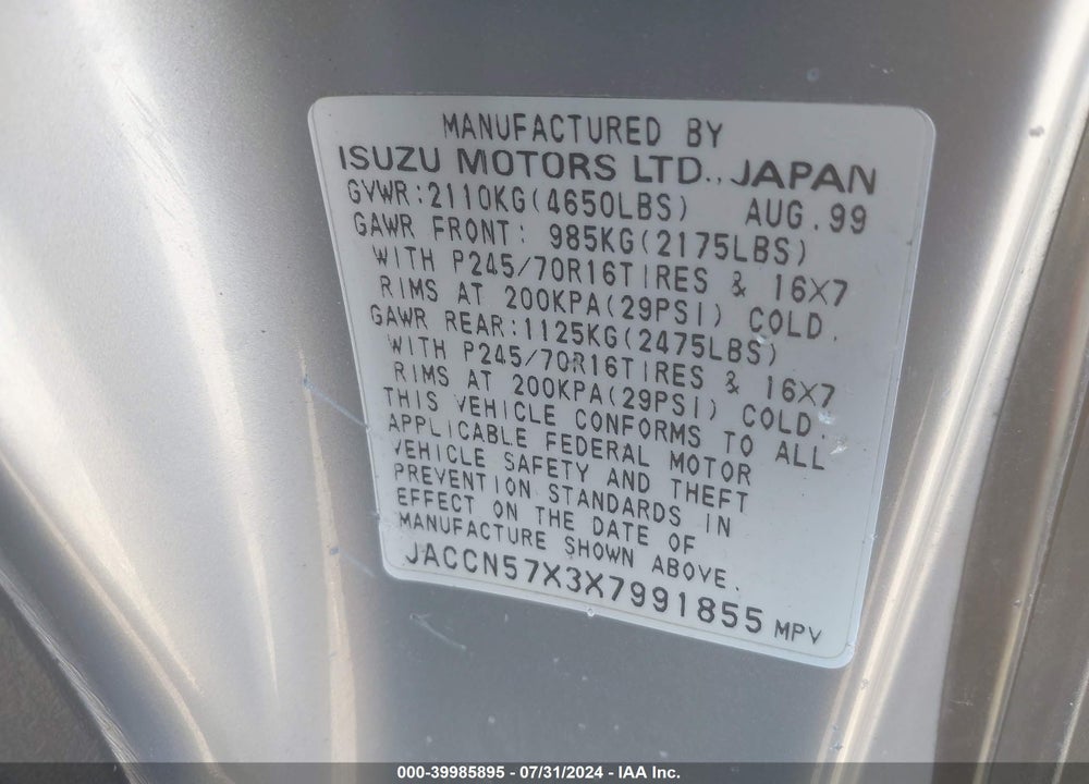 1999 ISUZU VEHICROSS VIN: JACCN57X3X7991855