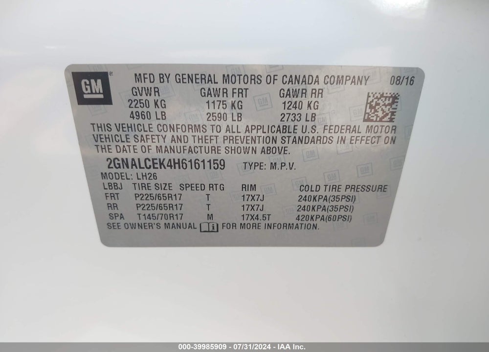 2017 CHEVROLET EQUINOX LT VIN: 2GNALCEK4H6161159
