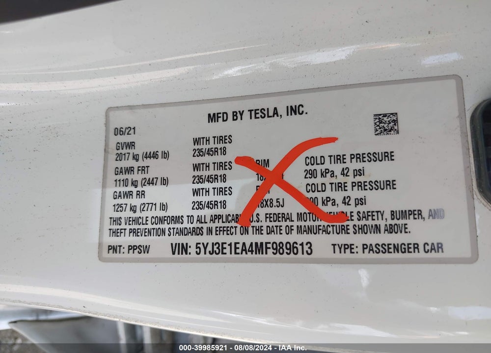 2021 TESLA MODEL 3 STANDARD RANGE PLUS REAR-WHEEL DRIVE VIN: 5YJ3E1EA4MF989613