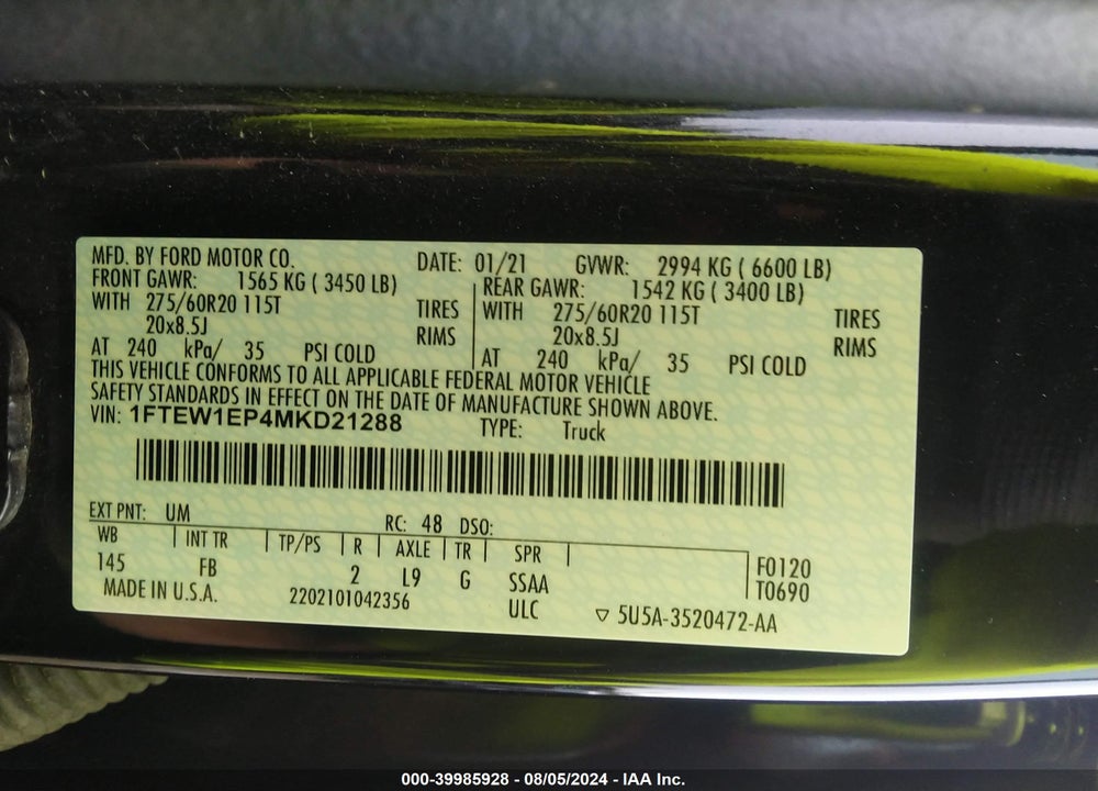 2021 FORD F-150 XLT VIN: 1FTEW1EP4MKD21288