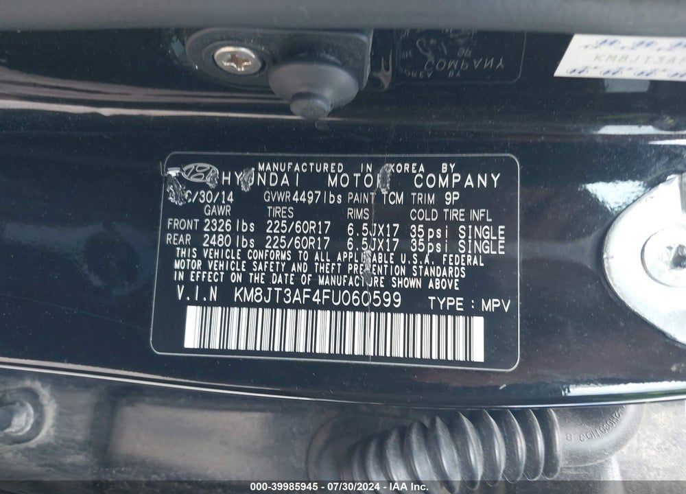 2015 HYUNDAI TUCSON GLS VIN: KM8JT3AF4FU060599