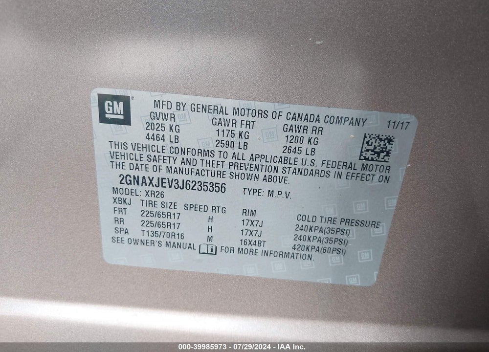 2018 CHEVROLET EQUINOX LT VIN: 2GNAXJEV3J6235356