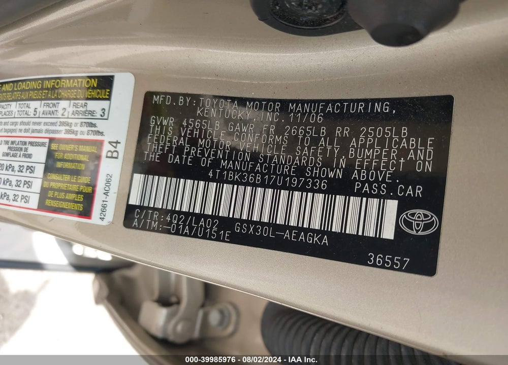 2007 TOYOTA AVALON XLS VIN: 4T1BK36B17U197336