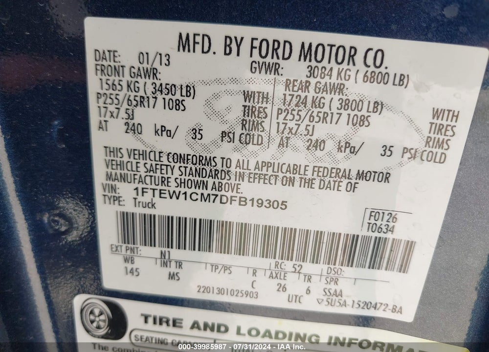 2013 FORD F-150 XLT VIN: 1FTEW1CM7DFB19305