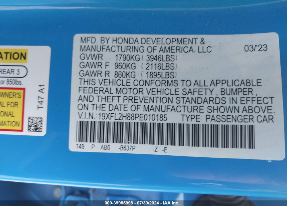 2023 HONDA CIVIC SPORT VIN: 19XFL2H88PE010185