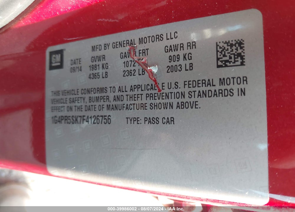 2015 BUICK VERANO CONVENIENCE GROUP VIN: 1G4PR5SK7F4126756
