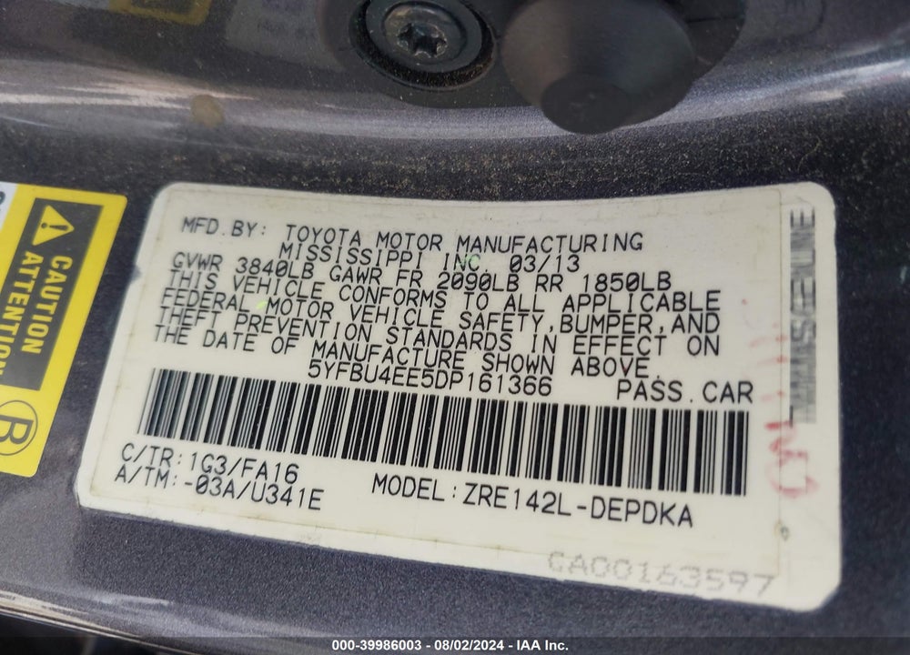 2013 TOYOTA COROLLA L VIN: 5YFBU4EE5DP161366