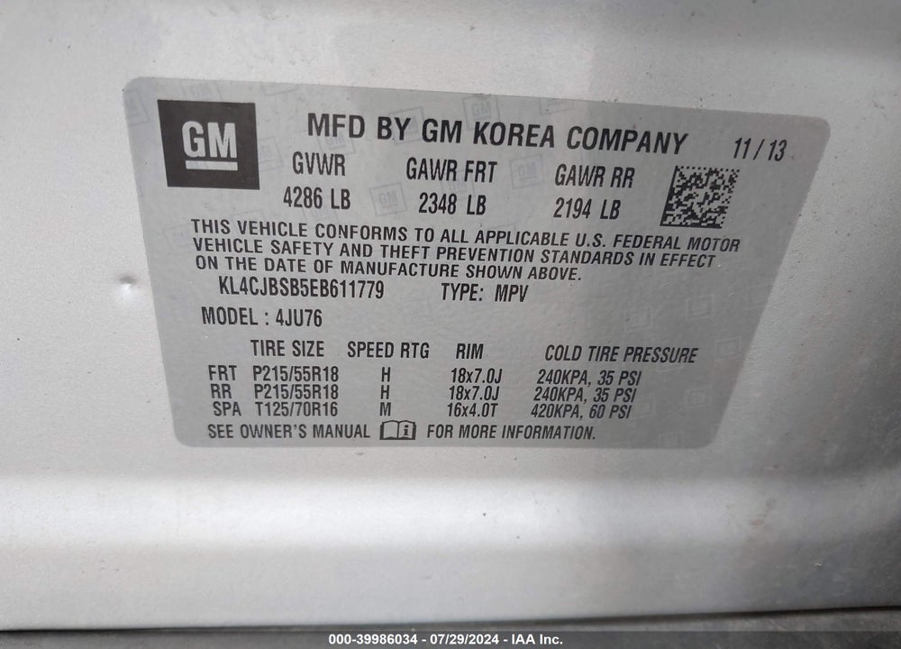 2014 BUICK ENCORE CONVENIENCE VIN: KL4CJBSB5EB611779