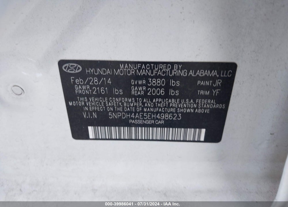 2014 HYUNDAI ELANTRA SE VIN: 5NPDH4AE5EH498623