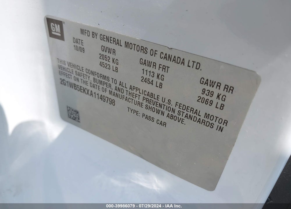 2010 CHEVROLET IMPALA LT VIN: 2G1WB5EKXA1149798