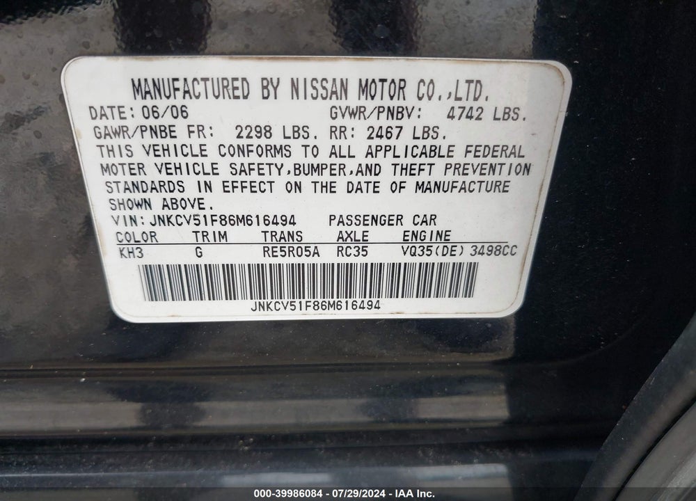 2006 INFINITI G35X VIN: JNKCV51F86M616494