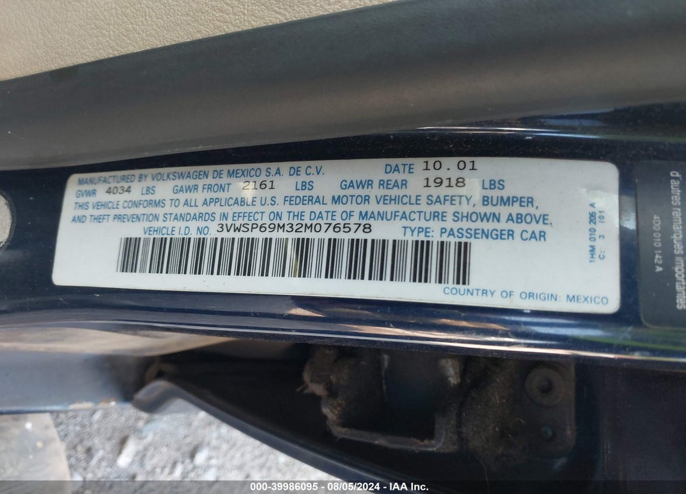 2002 VOLKSWAGEN JETTA GLS TDI VIN: 3VWSP69M32M076578