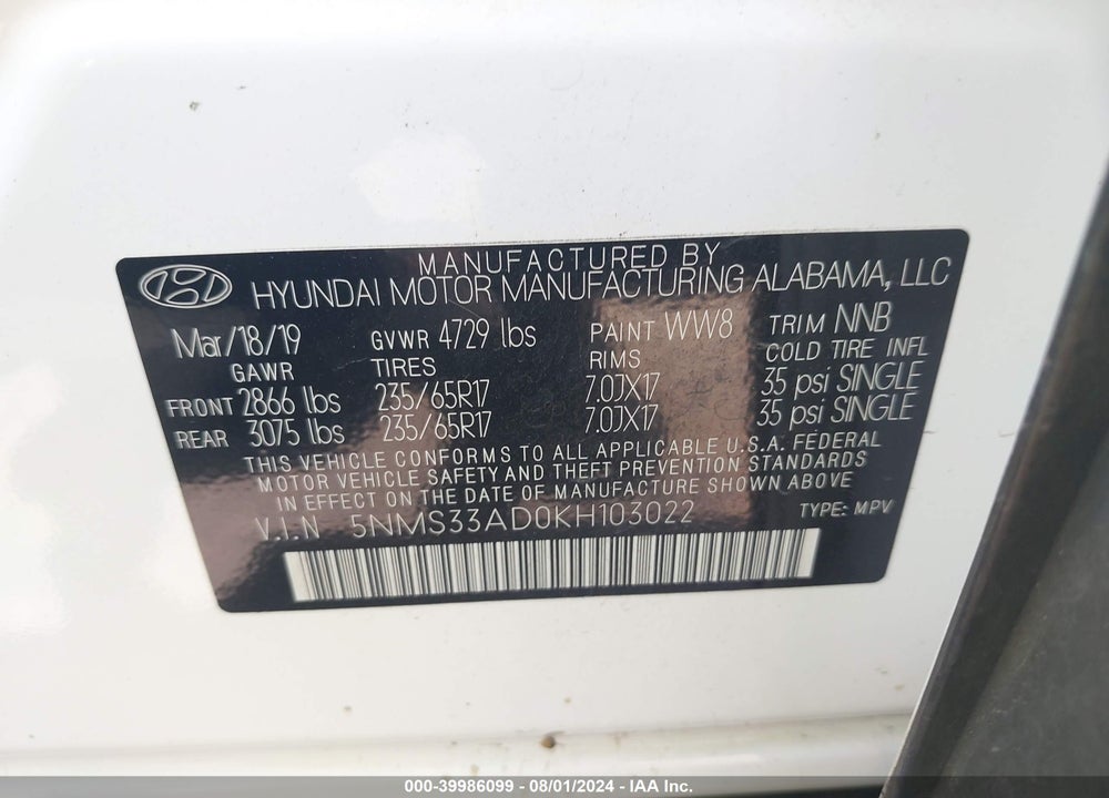2019 HYUNDAI SANTA FE SEL VIN: 5NMS33AD0KH103022