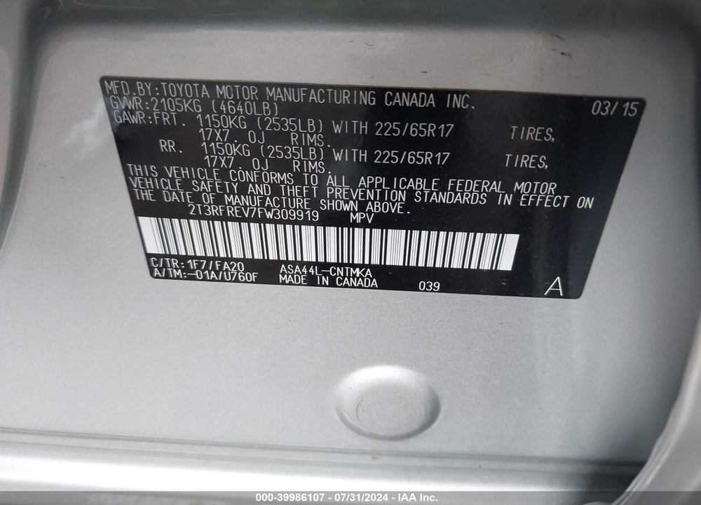 2015 TOYOTA RAV4 XLE VIN: 2T3RFREV7FW309919