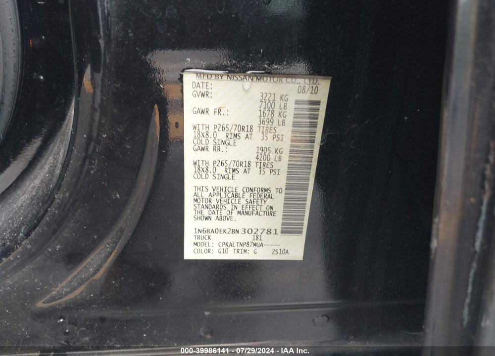 2011 NISSAN TITAN SV VIN: 1N6BA0EK2BN302781