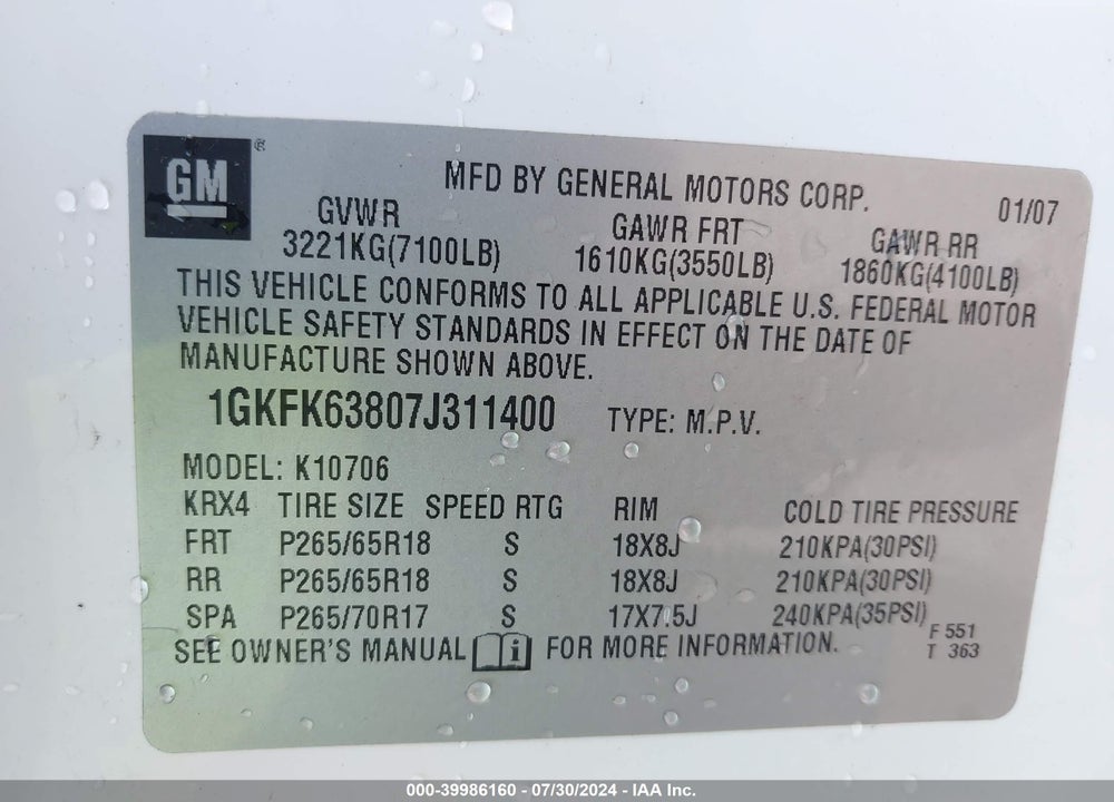 2007 GMC YUKON DENALI VIN: 1GKFK63807J311400