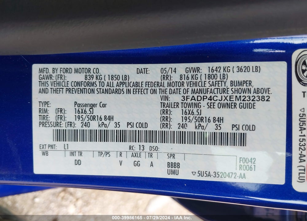 2014 FORD FIESTA TITANIUM VIN: 3FADP4CJXEM232382