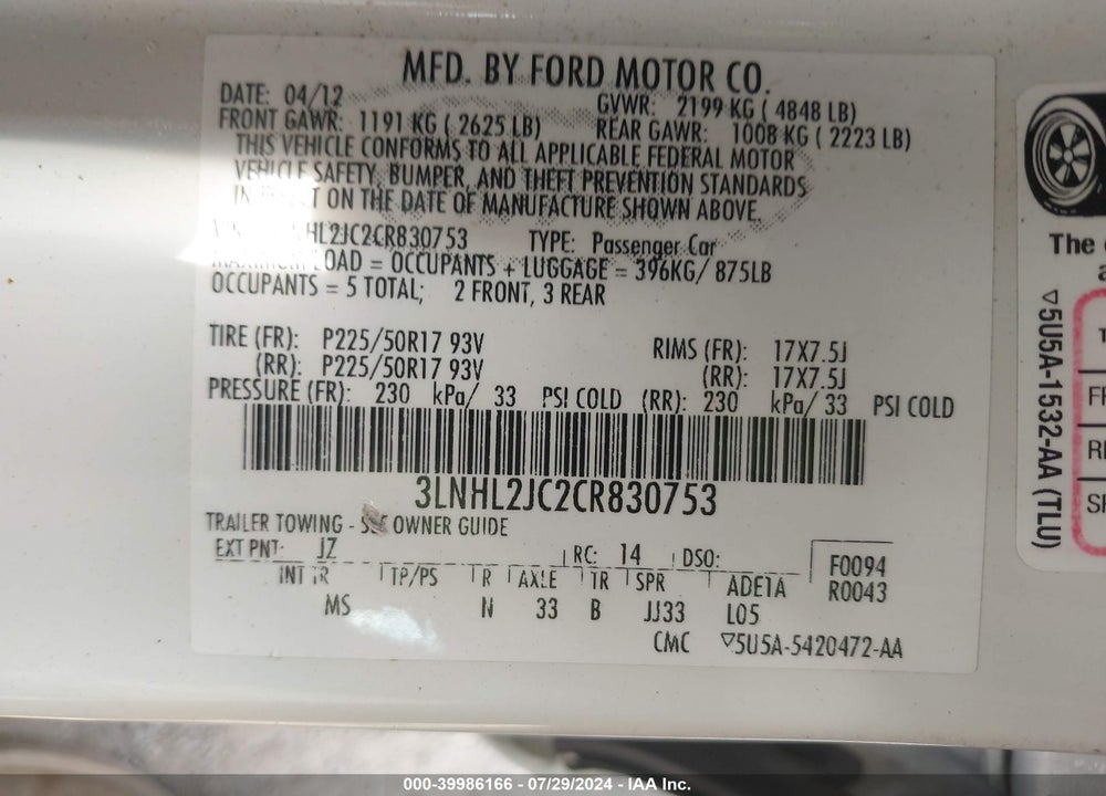 2012 LINCOLN MKZ VIN: 3LNHL2JC2CR830753