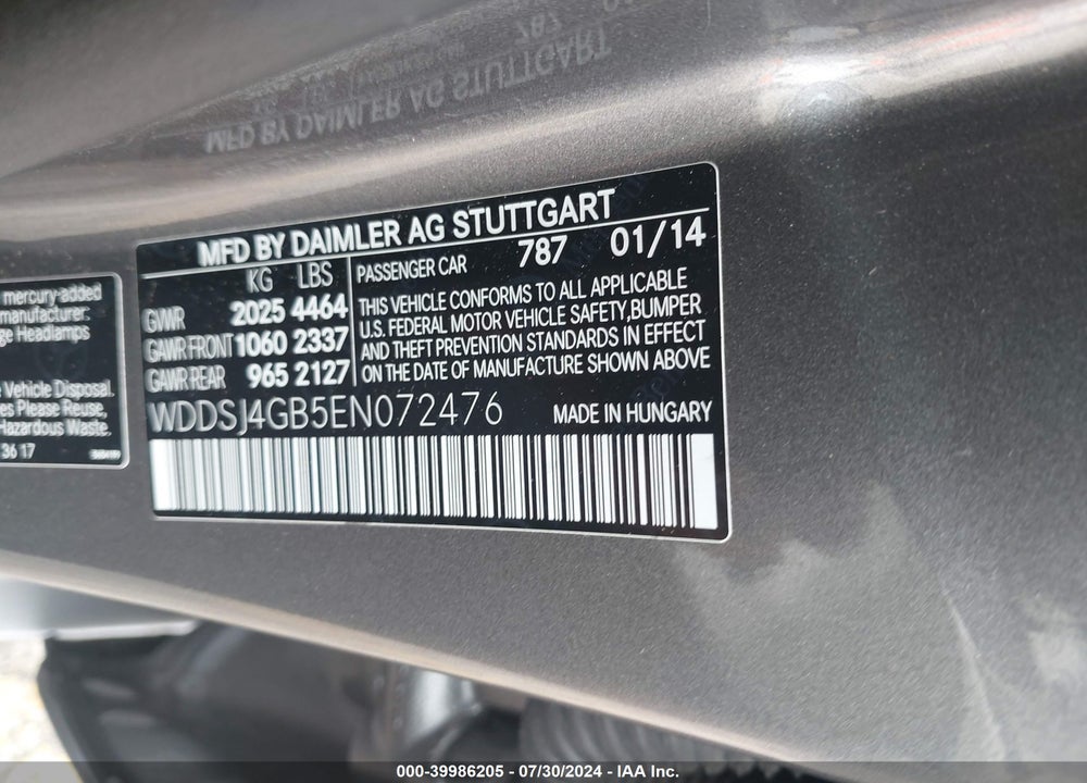 2014 MERCEDES-BENZ CLA 250 4MATIC VIN: WDDSJ4GB5EN072476