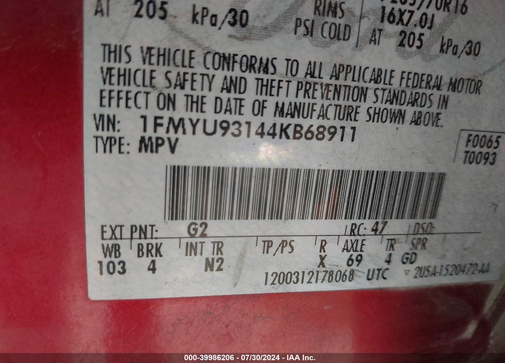 2004 FORD ESCAPE VIN: 1FMYU93144KB68911
