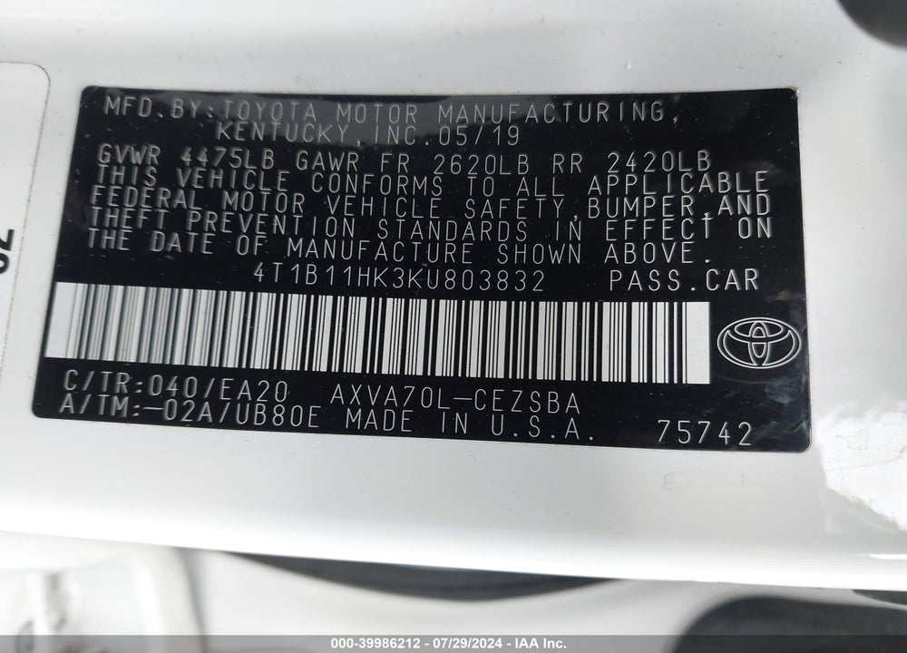2019 TOYOTA CAMRY SE VIN: 4T1B11HK3KU803832