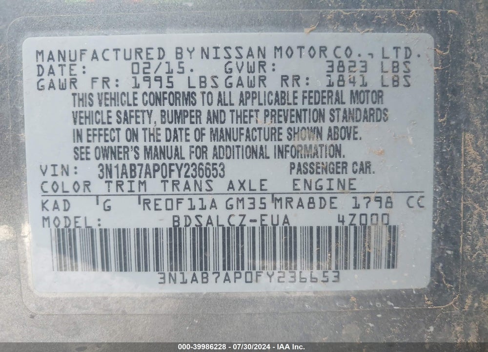 2015 NISSAN SENTRA FE+ S/S/SL/SR/SV VIN: 3N1AB7AP0FY236653