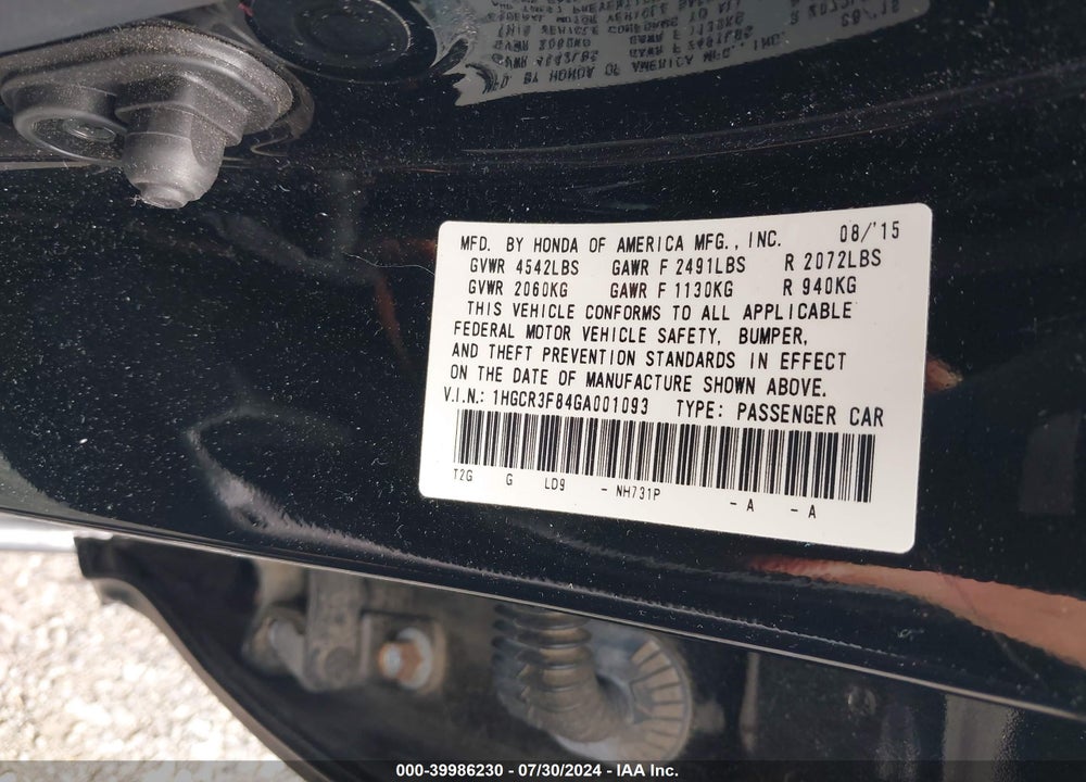 2016 HONDA ACCORD EX-L V-6 VIN: 1HGCR3F84GA001093