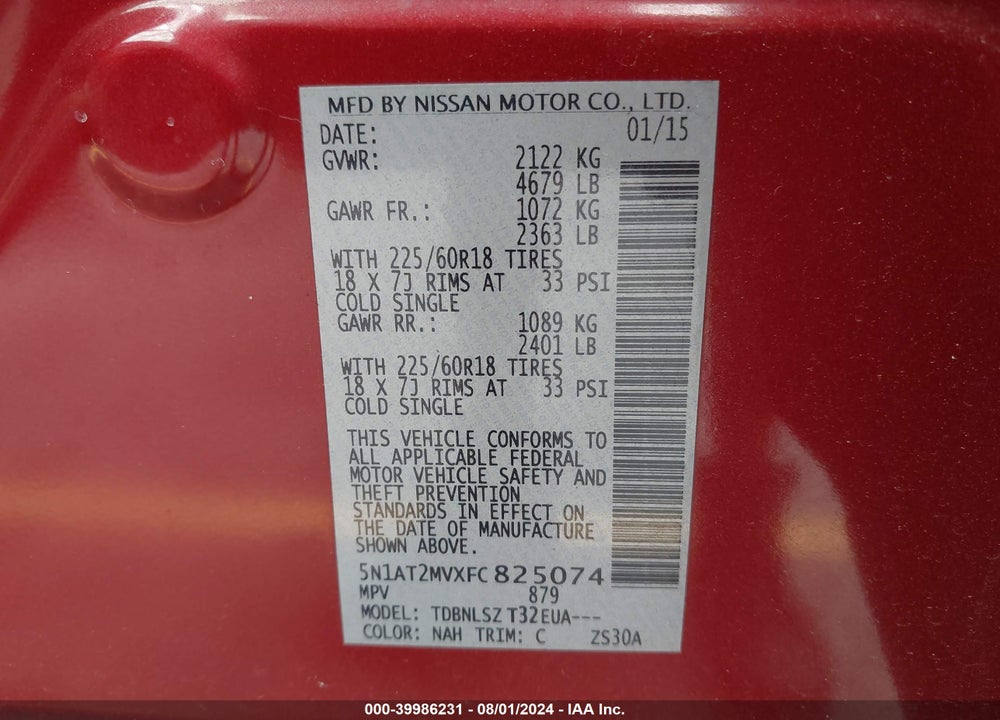 2015 NISSAN ROGUE SL VIN: 5N1AT2MVXFC825074