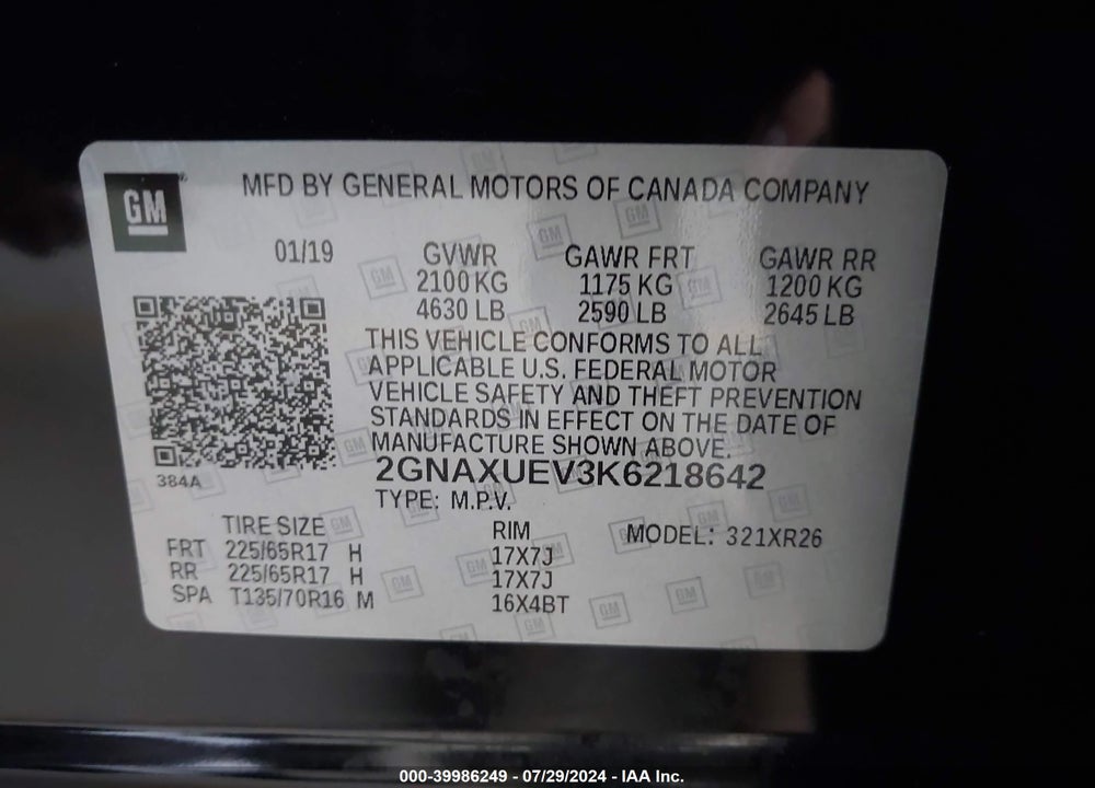2019 CHEVROLET EQUINOX LT VIN: 2GNAXUEV3K6218642